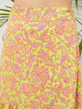 Neon Green Paisley Crop Top With Midi Skirt-SASSAFRAS