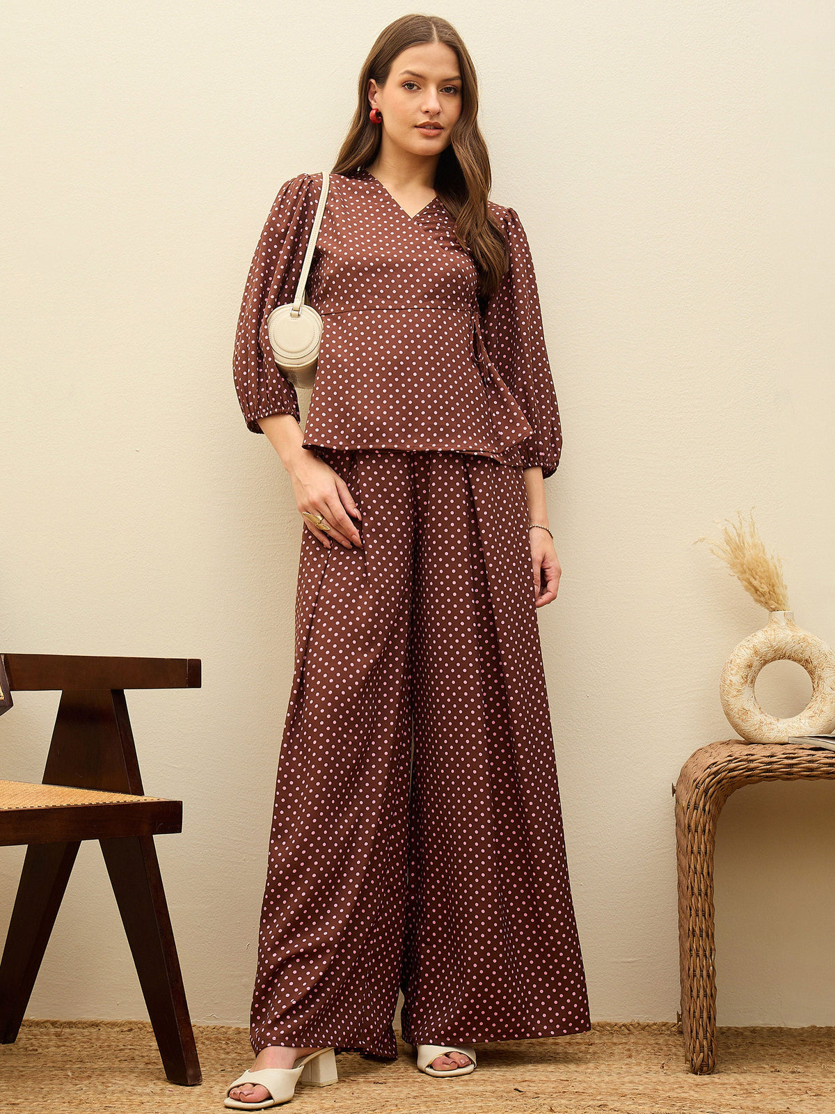 Brown Polka Dot Wrap Top With Flared Pants-SASSAFRAS