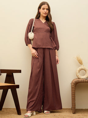 Brown Polka Dot Wrap Top With Flared Pants-SASSAFRAS