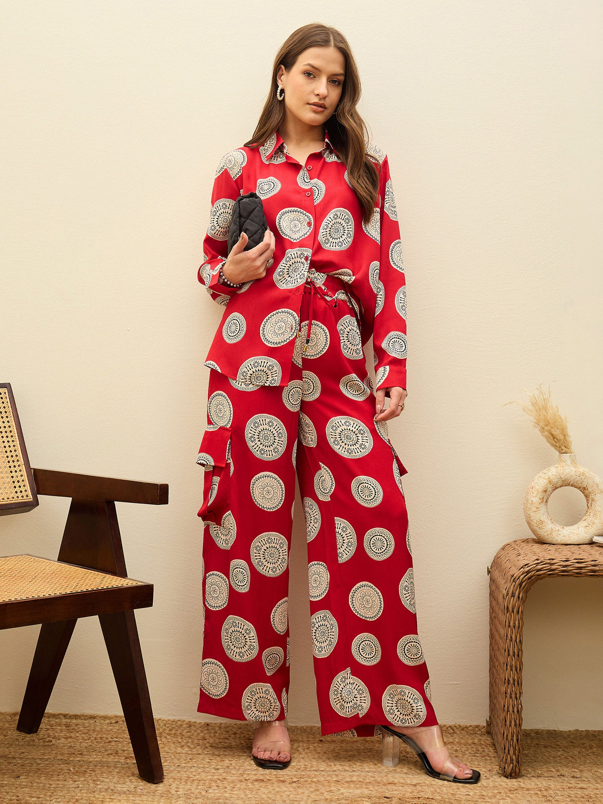 Maroon Printed Oversize Shirt With Box Pocket Pants-SASSAFRAS