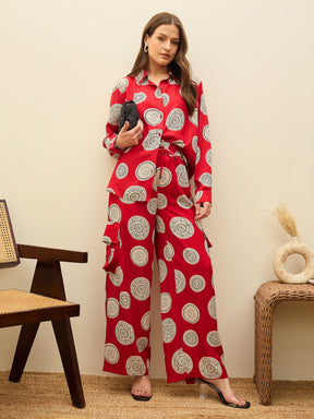 Maroon Printed Oversize Shirt With Box Pocket Pants-SASSAFRAS