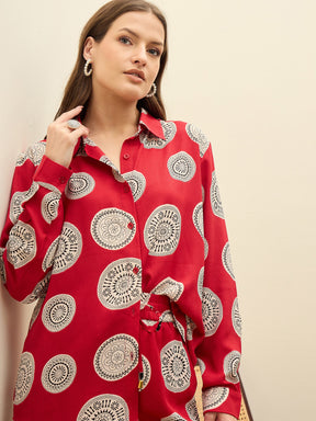 Maroon Printed Oversize Shirt With Box Pocket Pants-SASSAFRAS