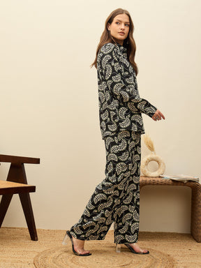 Black Printed Oversize Shirt With Box Pocket Pants-SASSAFRAS