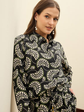 Black Printed Oversize Shirt With Box Pocket Pants-SASSAFRAS