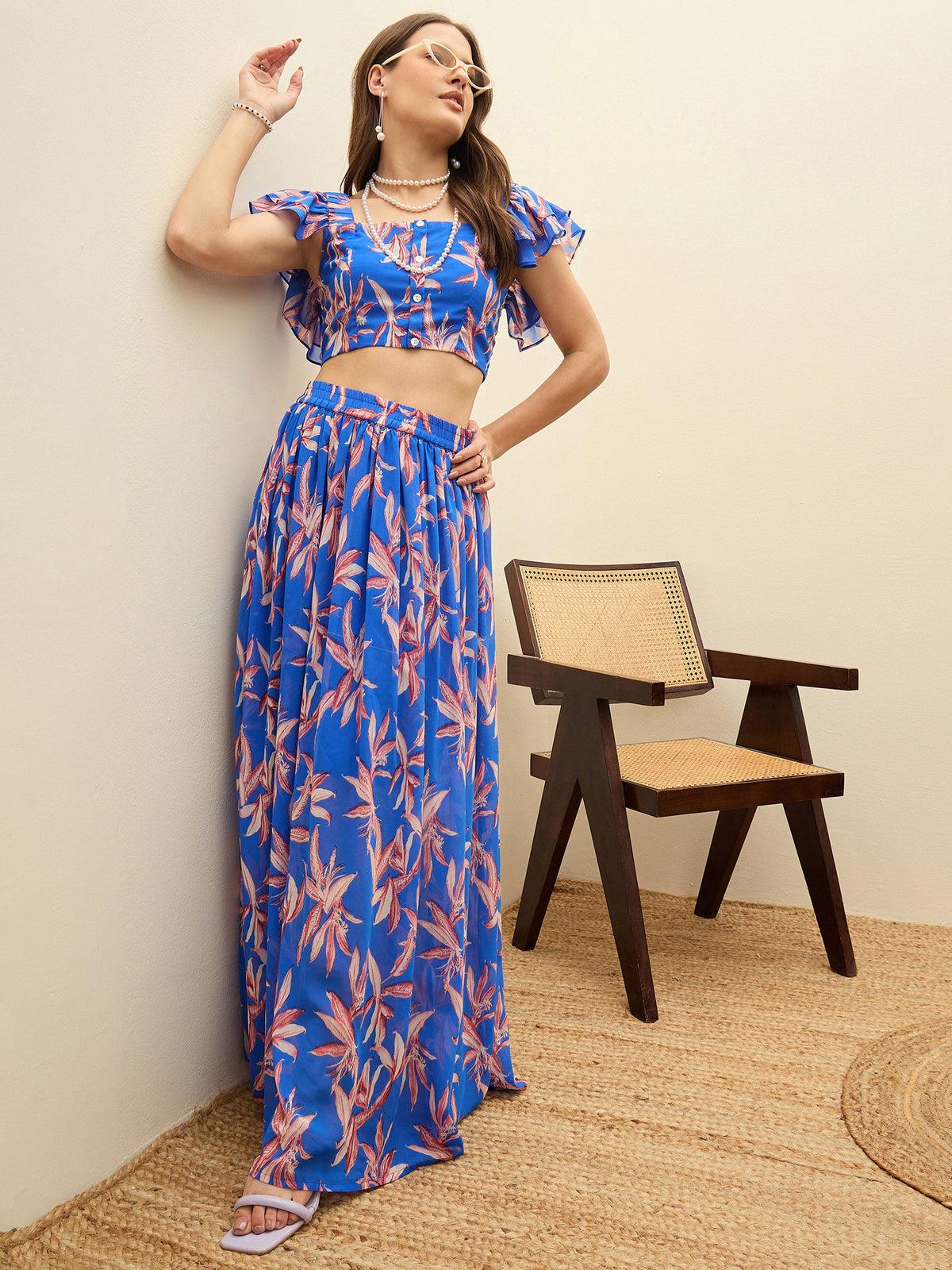 Blue Floral Strappy Crop Top With Maxi Skirt-SASSAFRAS