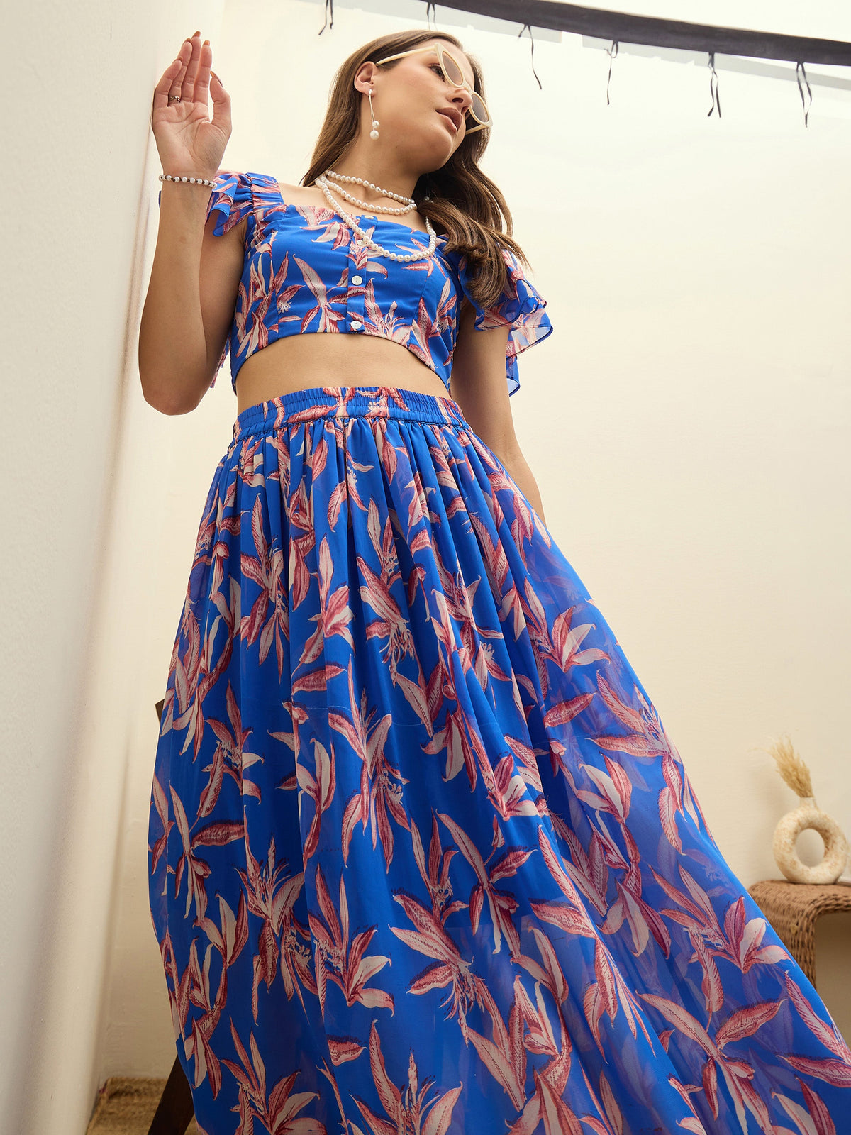 Blue Floral Strappy Crop Top With Maxi Skirt-SASSAFRAS