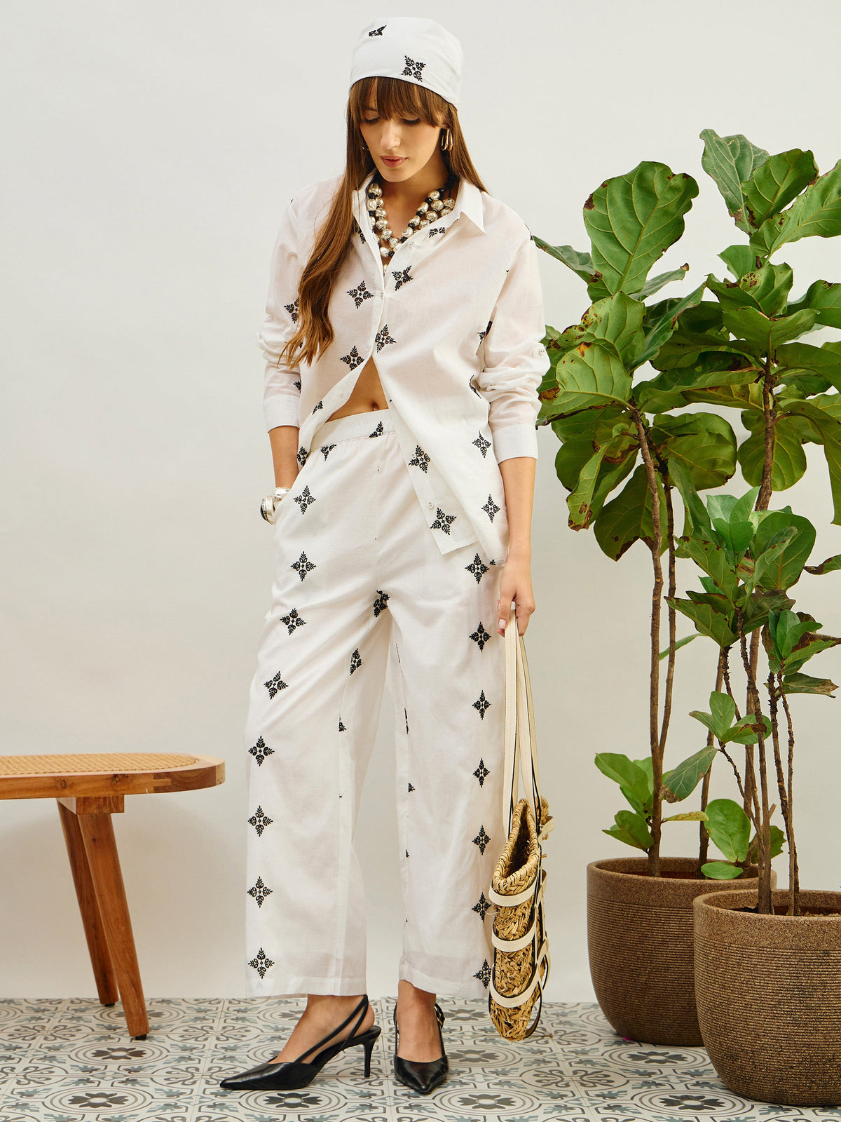 White Embroidered Shirt With Straight Pants-Pink Paprika By SASSAFRAS