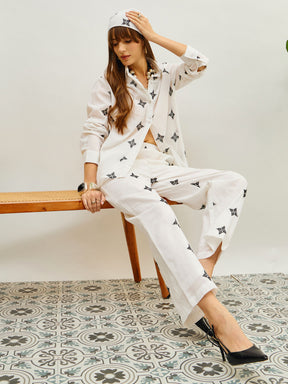 White Embroidered Shirt With Straight Pants-Pink Paprika By SASSAFRAS