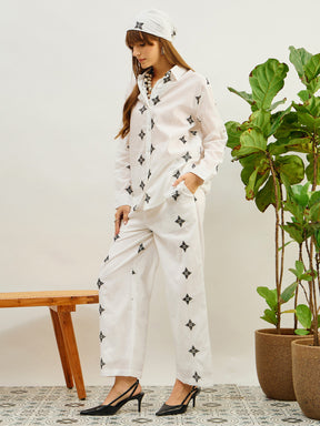 White Embroidered Shirt With Straight Pants-Pink Paprika By SASSAFRAS