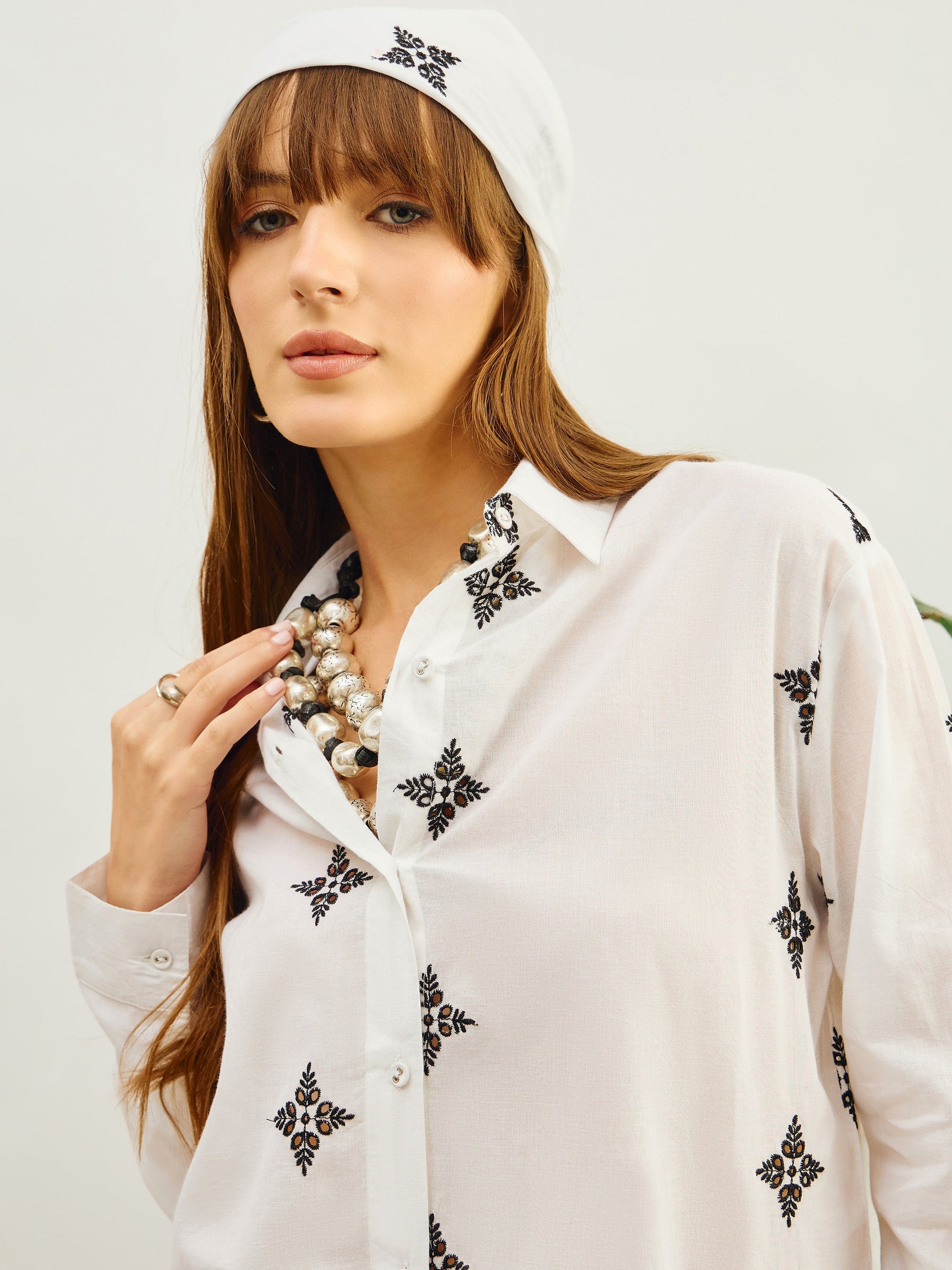 White Embroidered Shirt With Straight Pants-Pink Paprika By SASSAFRAS