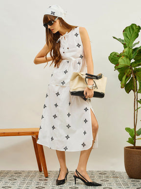 White Embroidered Top With Flared Midi Skirt-Pink Paprika By SASSAFRAS