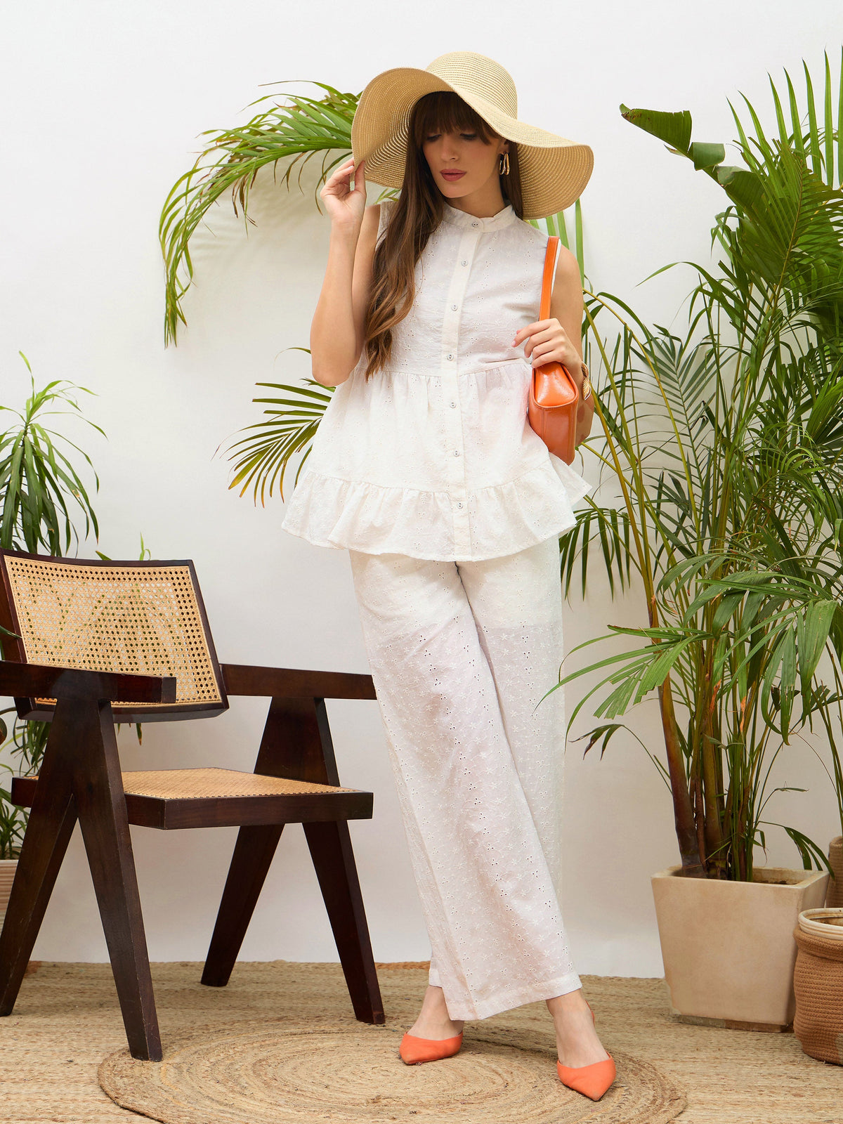 White Schiffli Tiered Shirt With Palazzo Pants-SASSAFRAS