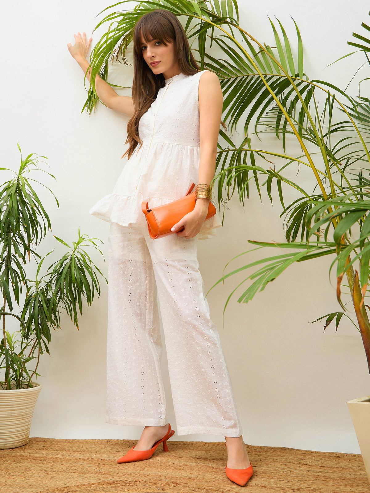 White Schiffli Tiered Shirt With Palazzo Pants-SASSAFRAS