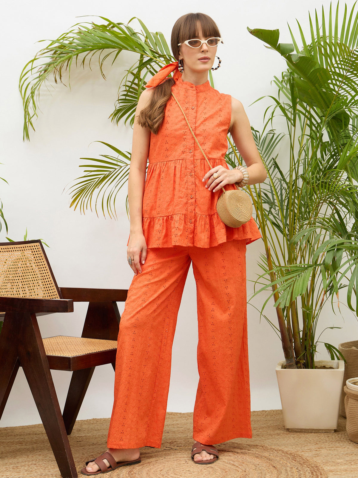 Orange Schiffli Tiered Shirt With Palazzo Pants-SASSAFRAS