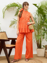Orange Schiffli Tiered Shirt With Palazzo Pants-SASSAFRAS