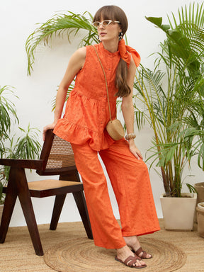 Orange Schiffli Tiered Shirt With Palazzo Pants-SASSAFRAS