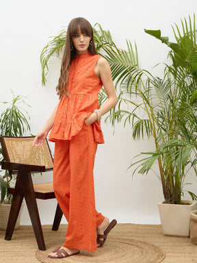 Orange Schiffli Tiered Shirt With Palazzo Pants-SASSAFRAS