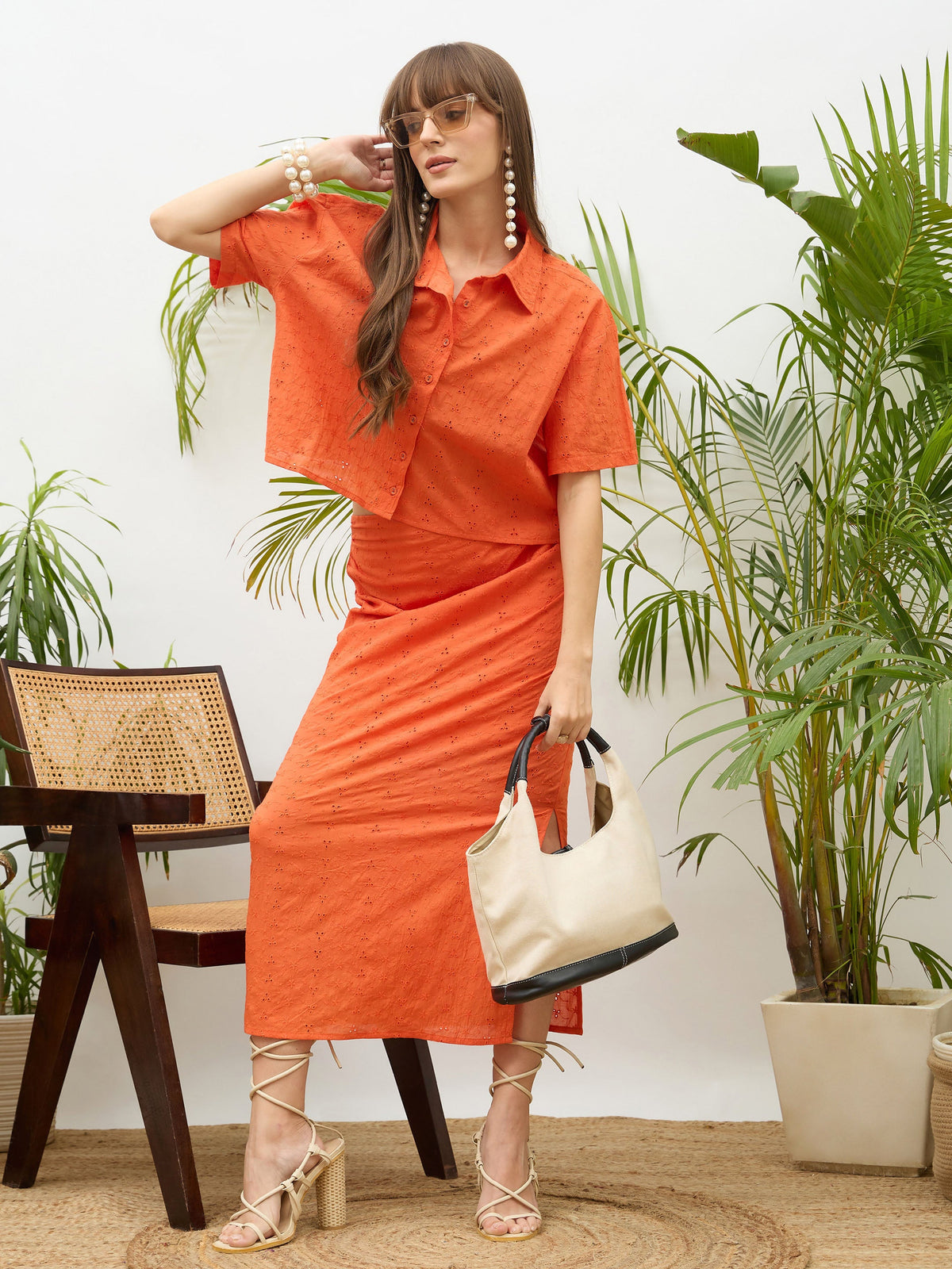 Orange Schiffli Shirt with Skirt-SASSAFRAS