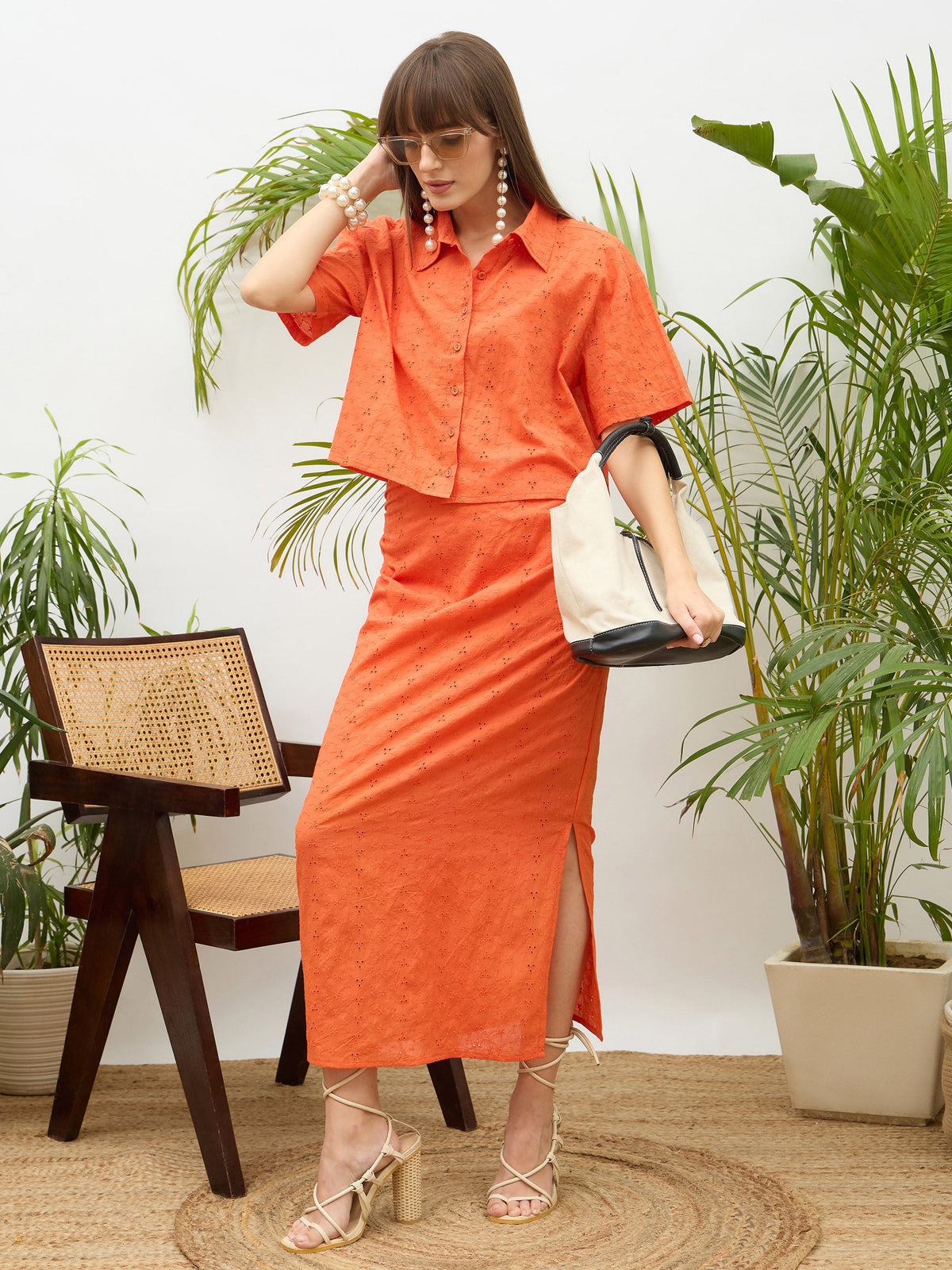Orange Schiffli Shirt with Skirt-SASSAFRAS