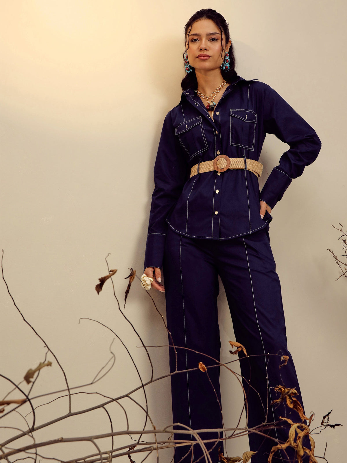 Navy Poplin Belted Shirt With Straight Pants-Pink Paprika By SASSAFRAS