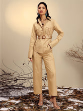 Beige Poplin Belted Shirt With Straight Pants -Pink Paprika By SASSAFRAS