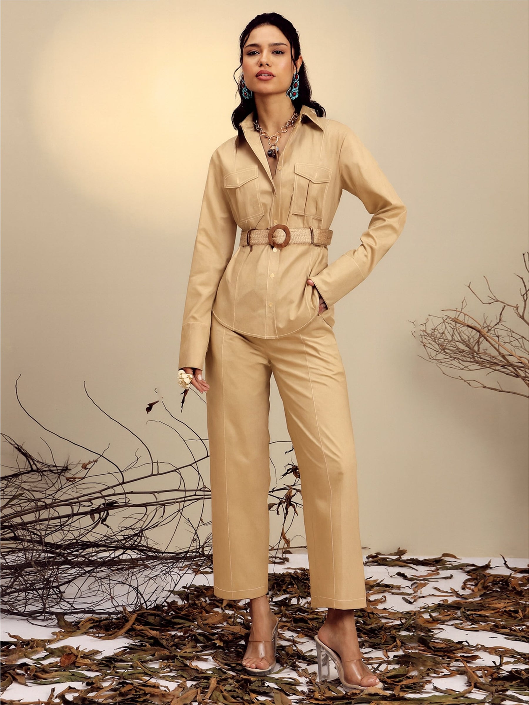 Beige Poplin Belted Shirt With Straight Pants -Pink Paprika By SASSAFRAS