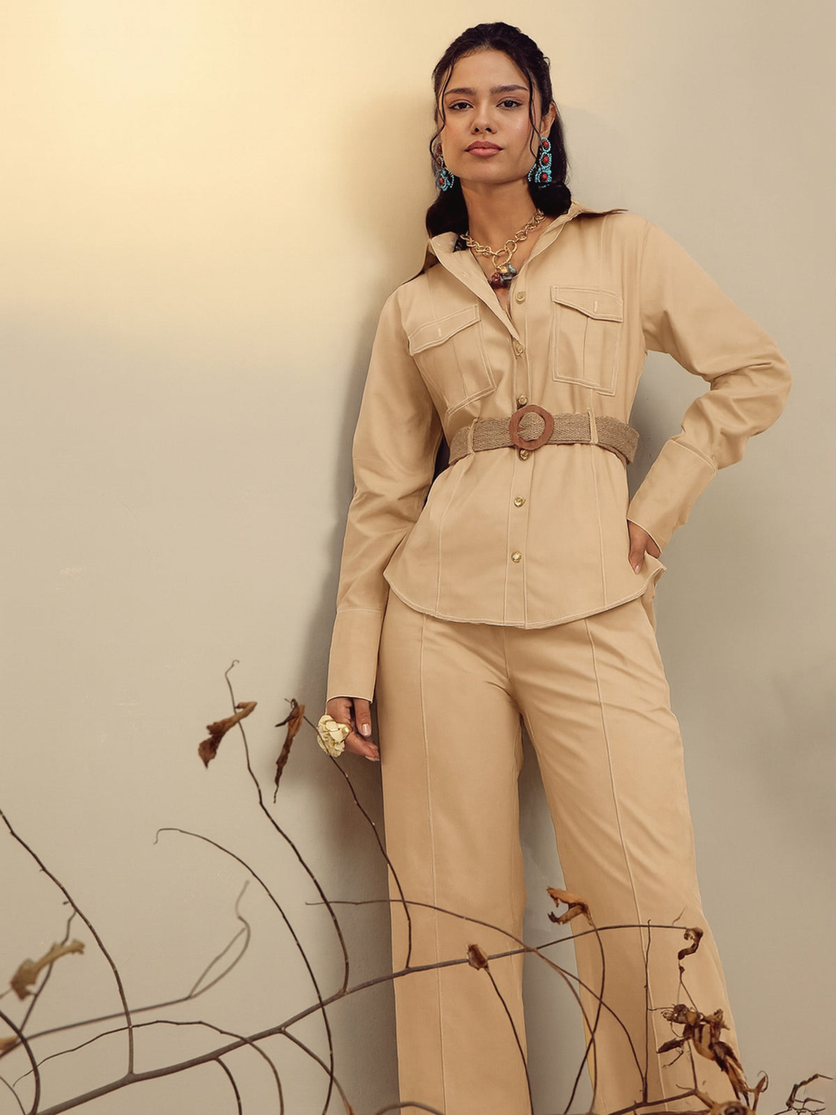 Beige Poplin Belted Shirt With Straight Pants -Pink Paprika By SASSAFRAS