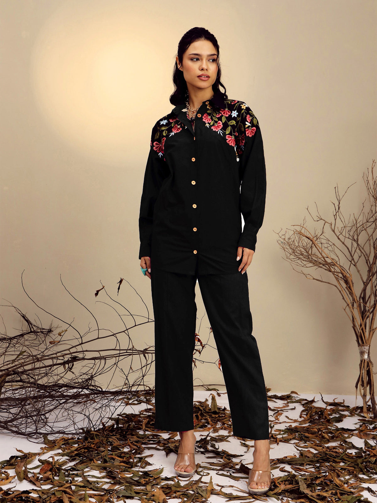 Black Poplin Embroidered Shirt With Pencil Pants -Pink Paprika By SASSAFRAS