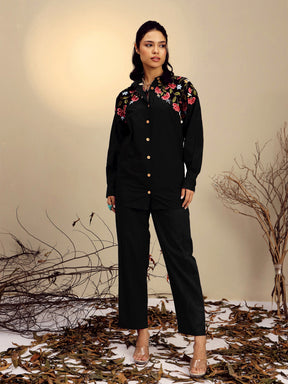 Black Poplin Embroidered Shirt With Pencil Pants -Pink Paprika By SASSAFRAS