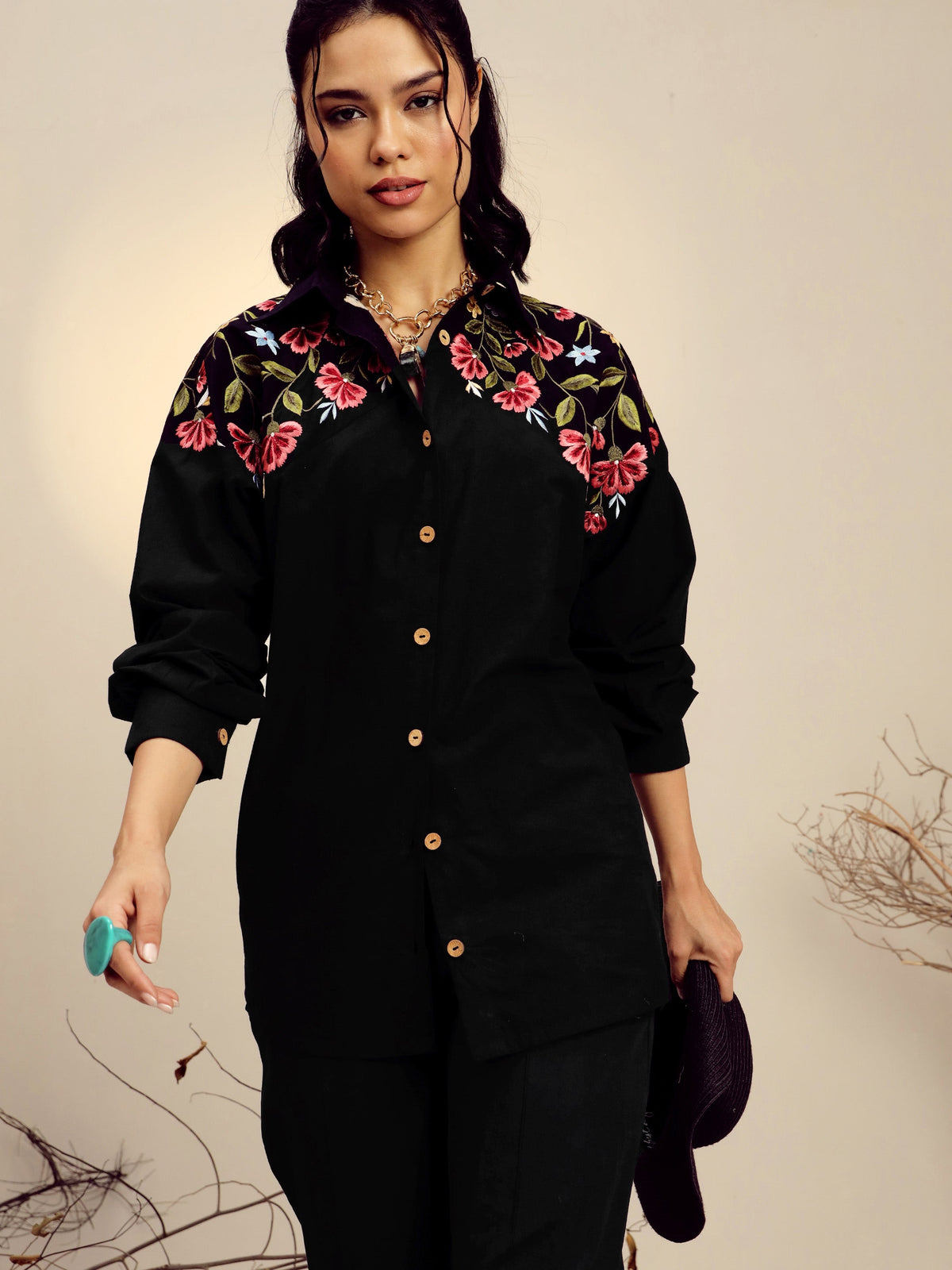 Black Poplin Embroidered Shirt With Pencil Pants -Pink Paprika By SASSAFRAS