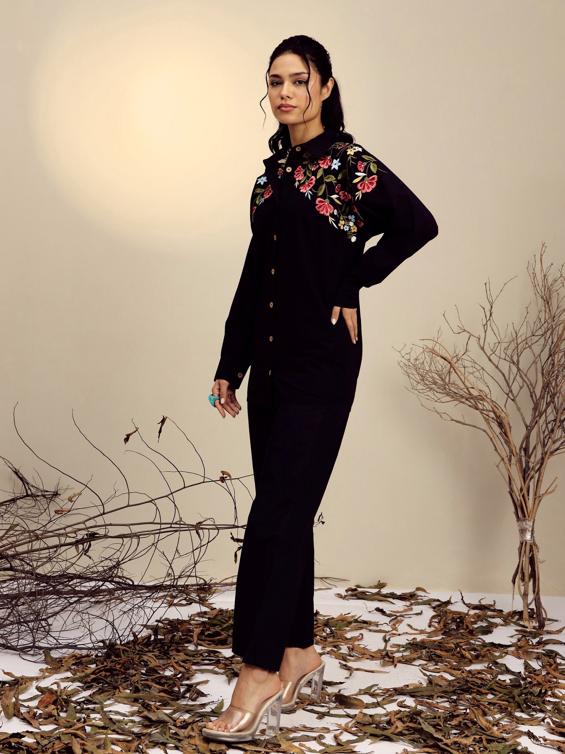 Black Poplin Embroidered Shirt With Pencil Pants -Pink Paprika By SASSAFRAS