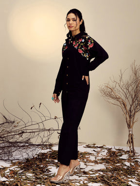 Black Poplin Embroidered Shirt With Pencil Pants -Pink Paprika By SASSAFRAS