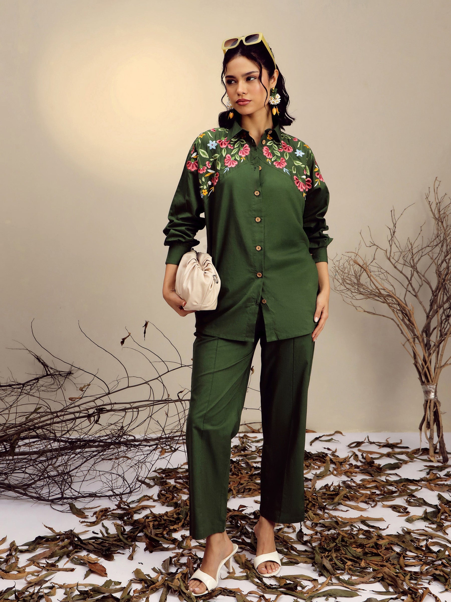 Olive Poplin Embroidered Shirt With Pencil Pants-Pink Paprika By SASSAFRAS