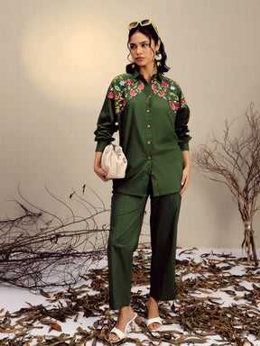 Olive Poplin Embroidered Shirt With Pencil Pants-Pink Paprika By SASSAFRAS