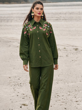 Women Olive Poplin Embroidered Shirt With Pencil Pants