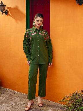 Women Olive Poplin Embroidered Shirt With Pencil Pants