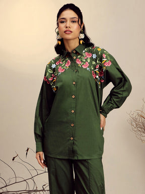 Olive Poplin Embroidered Shirt With Pencil Pants-Pink Paprika By SASSAFRAS