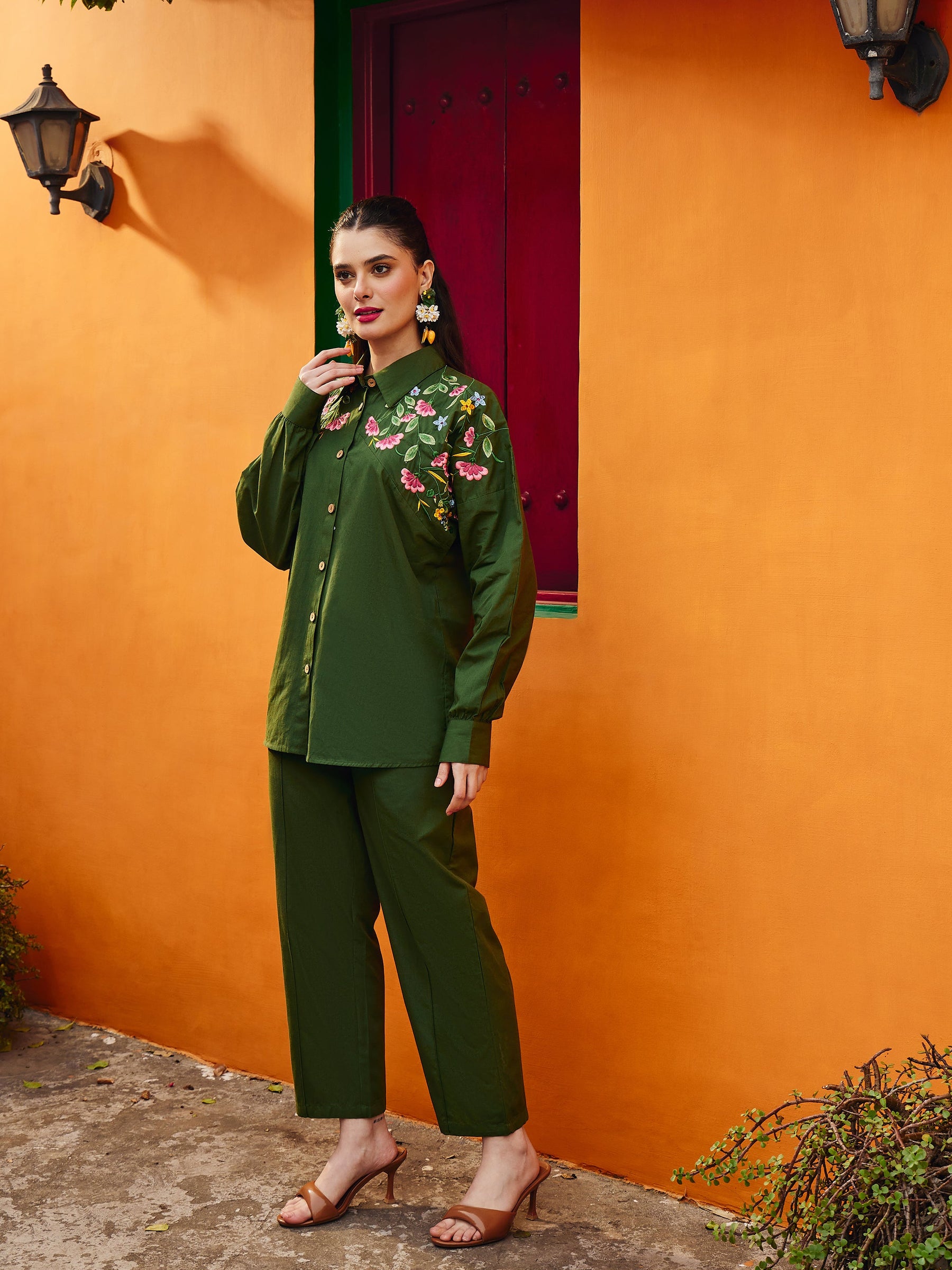 Women Olive Poplin Embroidered Shirt With Pencil Pants