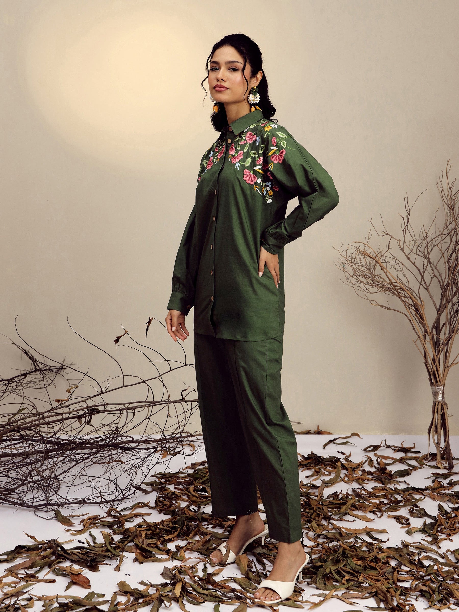 Olive Poplin Embroidered Shirt With Pencil Pants-Pink Paprika By SASSAFRAS