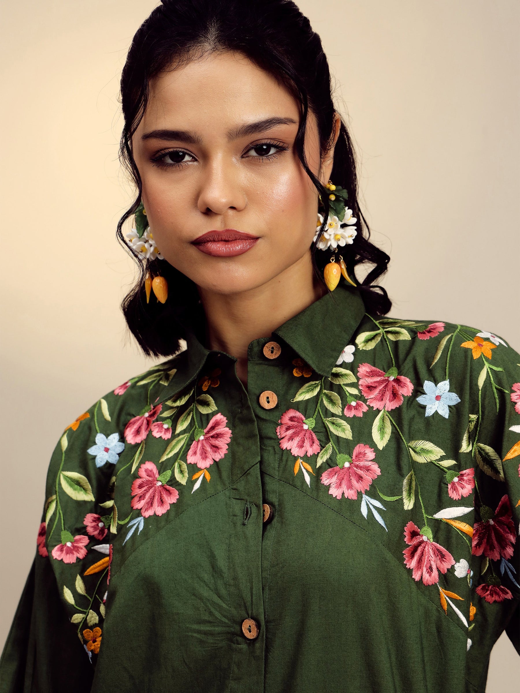 Olive Poplin Embroidered Shirt With Pencil Pants-Pink Paprika By SASSAFRAS