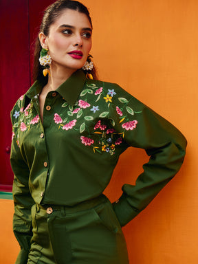 Women Olive Poplin Embroidered Shirt With Pencil Pants