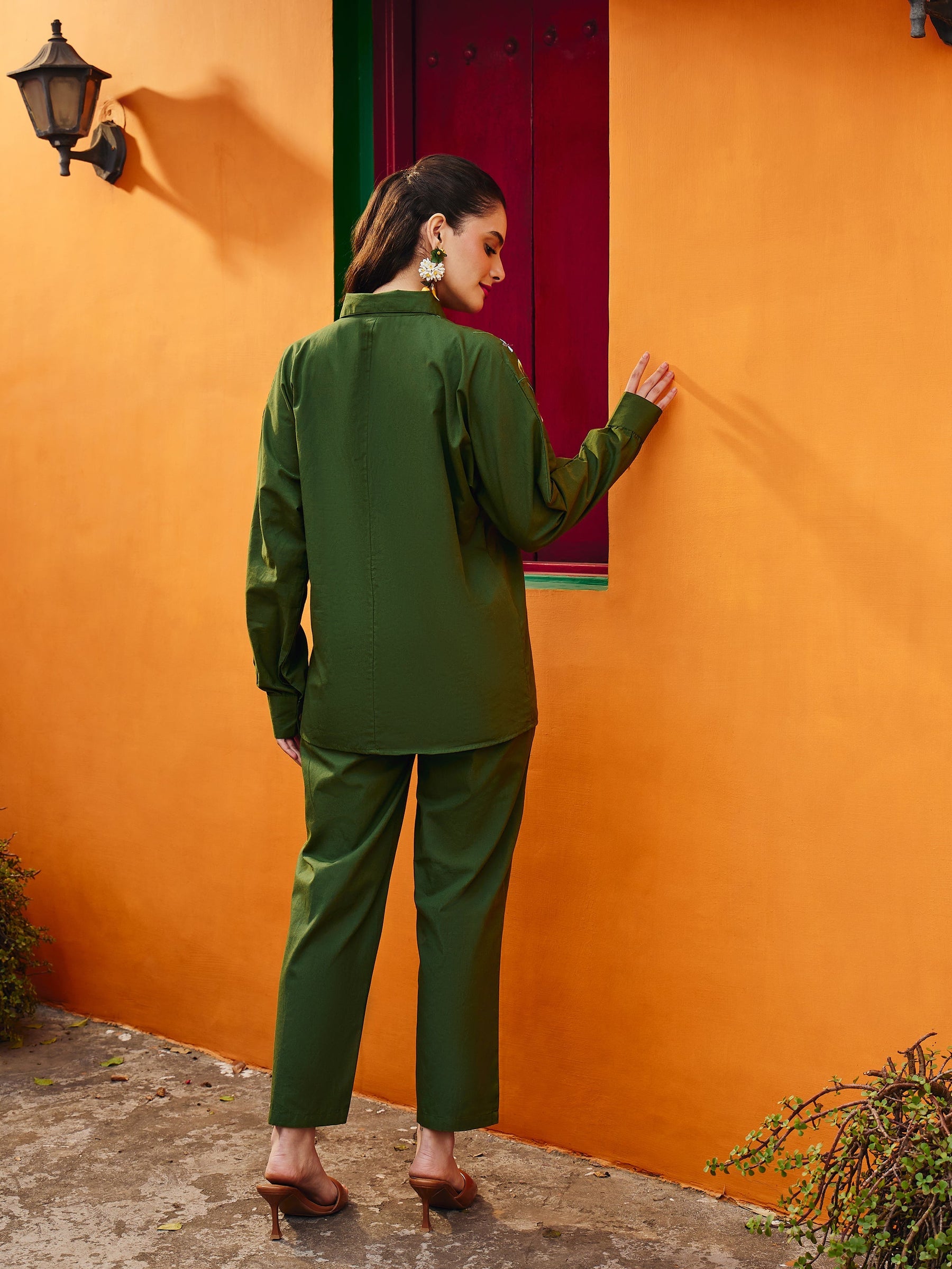 Women Olive Poplin Embroidered Shirt With Pencil Pants