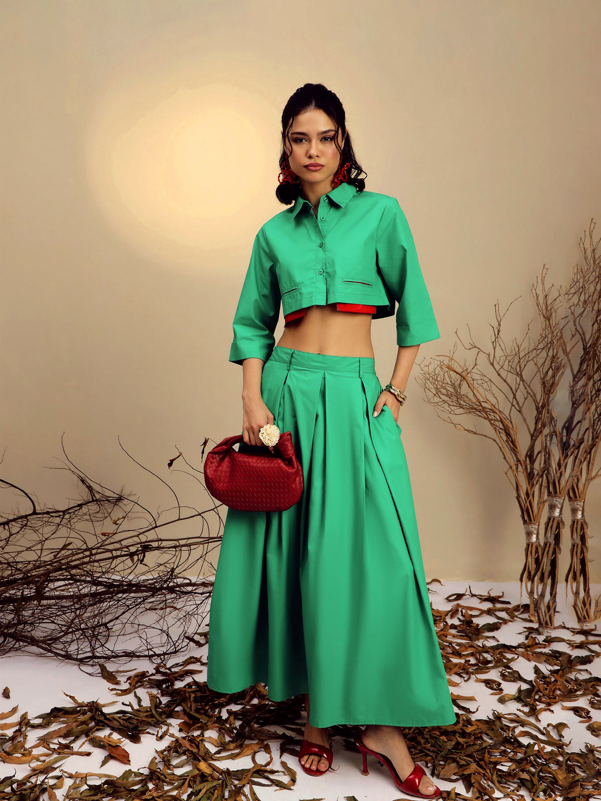 Green Poplin Crop Shirt With Pleated Skirt -Pink Paprika By SASSAFRAS