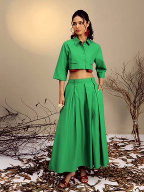 Green Poplin Crop Shirt With Pleated Skirt -Pink Paprika By SASSAFRAS