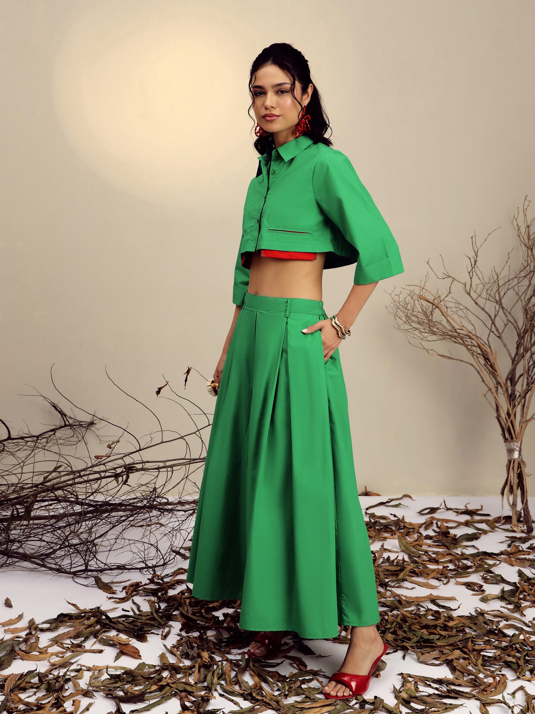 Green Poplin Crop Shirt With Pleated Skirt -Pink Paprika By SASSAFRAS