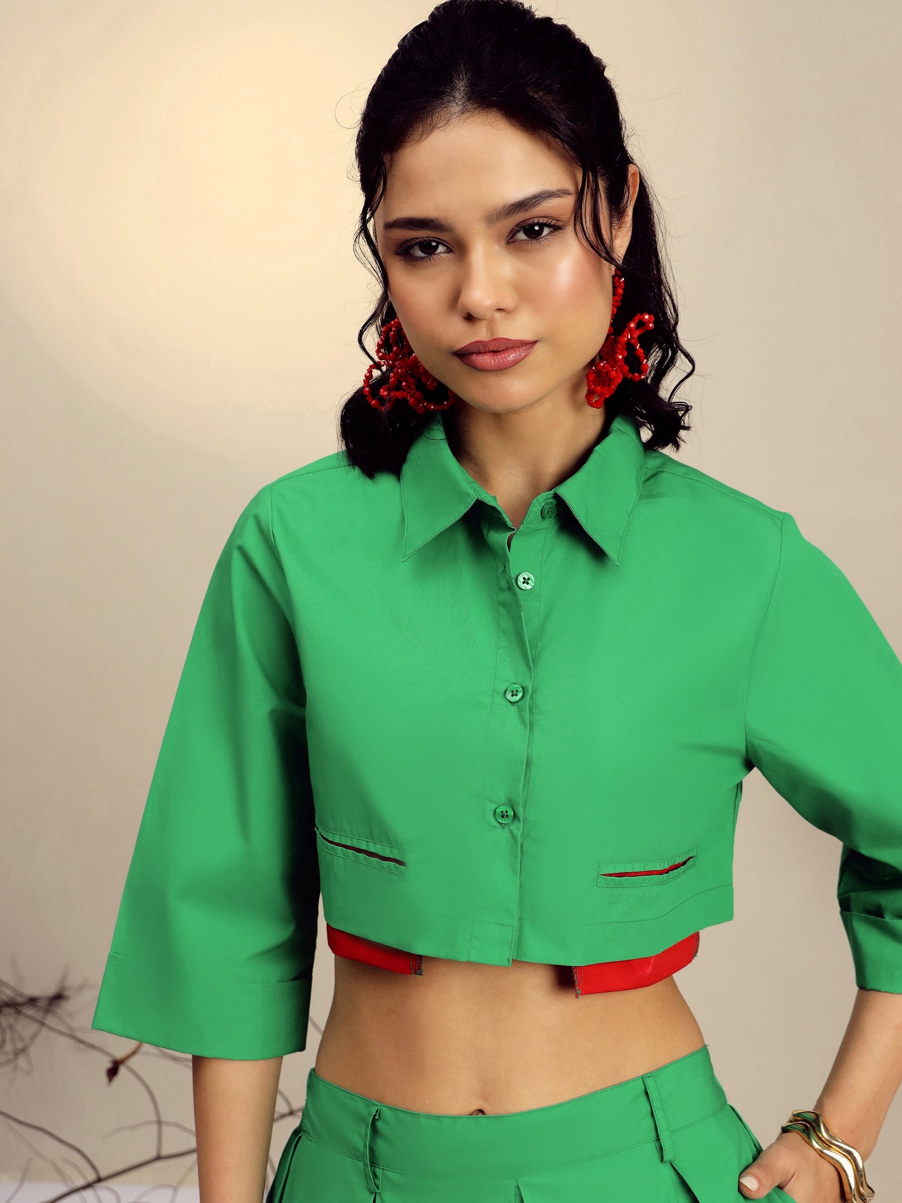 Green Poplin Crop Shirt With Pleated Skirt -Pink Paprika By SASSAFRAS