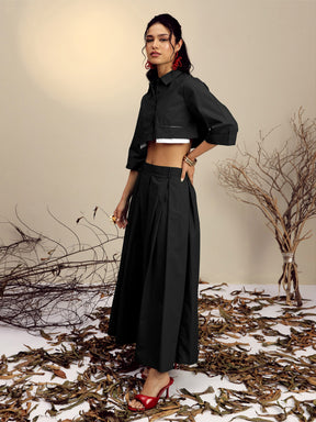 Black Poplin Crop Shirt With Pleated Skirt -Pink Paprika By SASSAFRAS