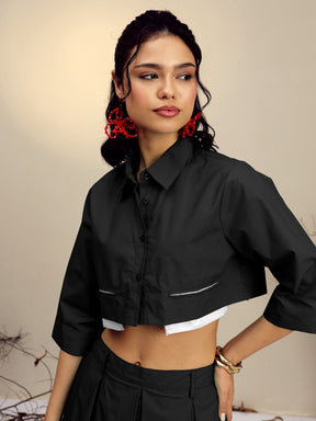 Black Poplin Crop Shirt With Pleated Skirt -Pink Paprika By SASSAFRAS