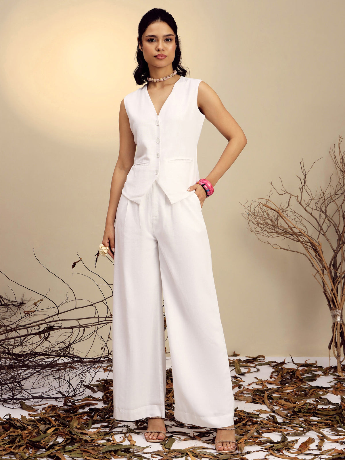 White Vest Top With Straight Pants-Pink Paprika By SASSAFRAS