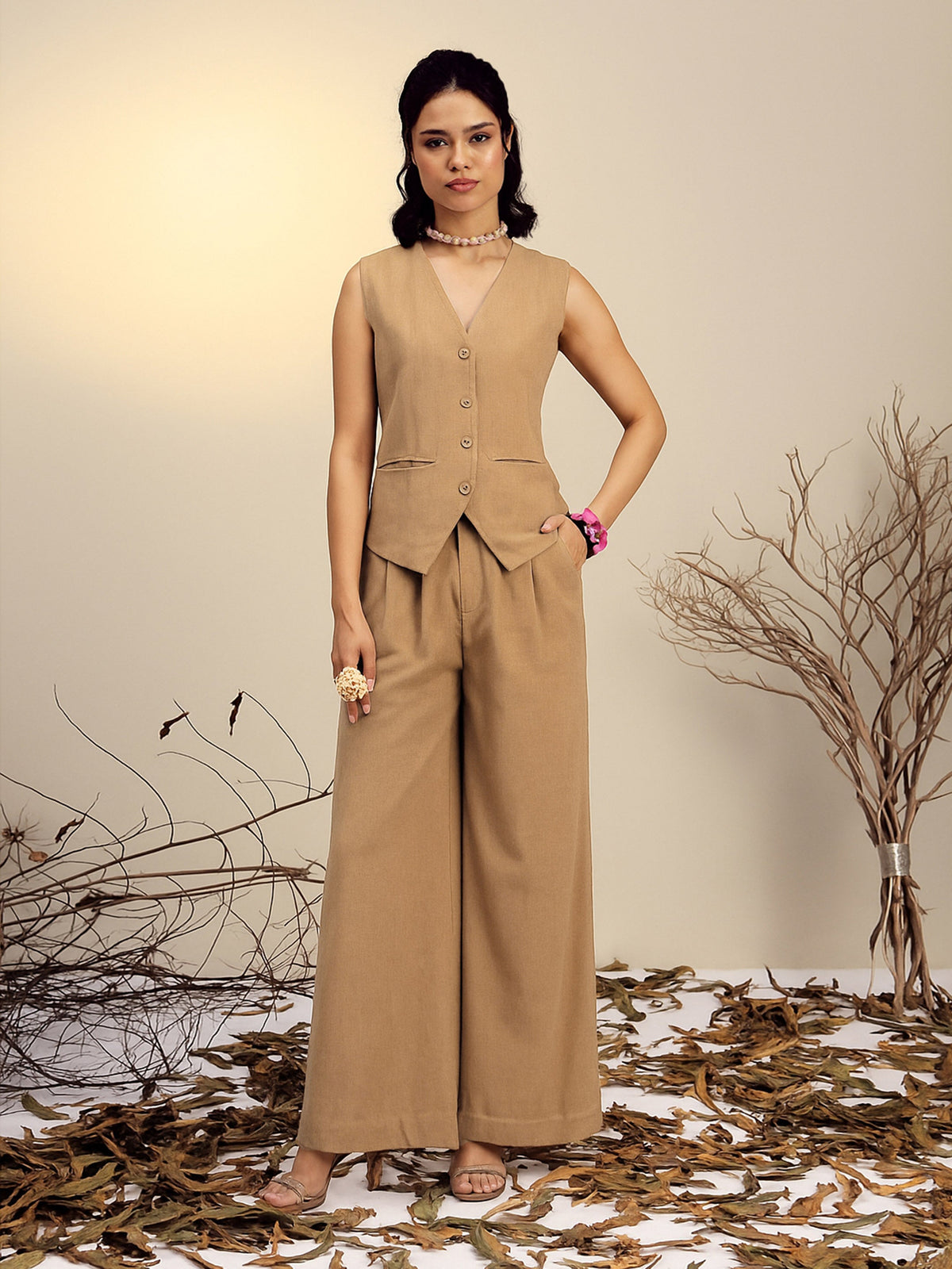 Beige Vest Top With Straight Pants-Pink Paprika By SASSAFRAS